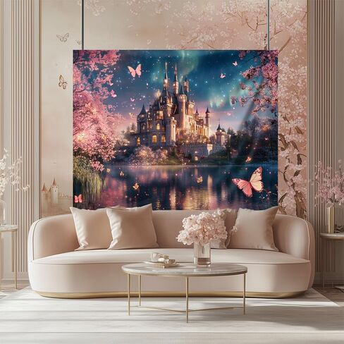 LATETOMT 60x44in Fantasy Castle Tapestries Pink Flower Butterfly Wall Tapestry Cherry Tree Tapestry Princess Castle Tapestries for Kids Bedroom Living Room Dorm Party Wall Decor LTMTAYW011 in Saudi Arabia
