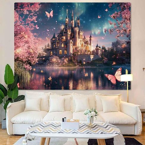 LATETOMT 60x44in Fantasy Castle Tapestries Pink Flower Butterfly Wall Tapestry Cherry Tree Tapestry Princess Castle Tapestries for Kids Bedroom Living Room Dorm Party Wall Decor LTMTAYW011 in Saudi Arabia