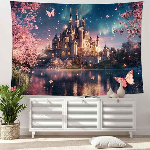 LATETOMT 60x44in Fantasy Castle Tapestries Pink Flower Butterfly Wall Tapestry Cherry Tree Tapestry Princess Castle Tapestries for Kids Bedroom Living Room Dorm Party Wall Decor LTMTAYW011 in Saudi Arabia