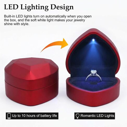 LED Lighted Heart Shape Engagement Ring Box – Luxury Ring Case with Automatic LED Light, Romantic Jewelry Gift Box for Proposal, Wedding, Anniversary, Ceremony (Red) in Saudi Arabia