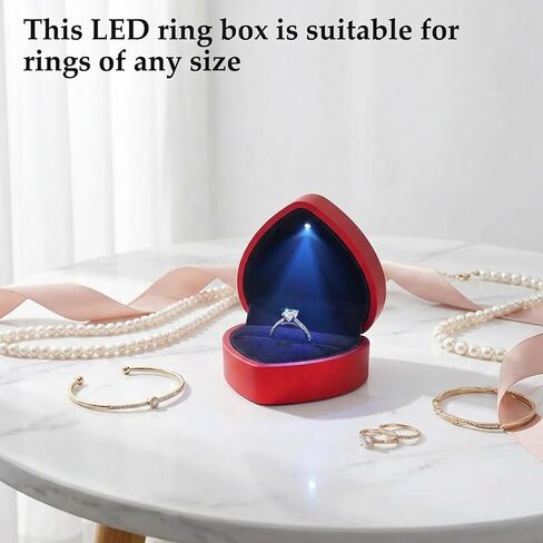 LED Lighted Heart Shape Engagement Ring Box – Luxury Ring Case with Automatic LED Light, Romantic Jewelry Gift Box for Proposal, Wedding, Anniversary, Ceremony (Red) in Saudi Arabia