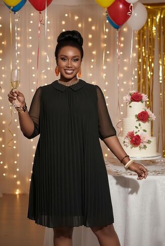 فستان FANDEE نسائي أنيق مطوي متوسط ​​الطول بياقة بيتر بان فضفاض مناسب لحفلات الكوكتيل كاجوال فستان الشمس in Kuwait