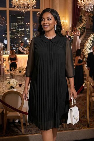فستان FANDEE نسائي أنيق مطوي متوسط ​​الطول بياقة بيتر بان فضفاض مناسب لحفلات الكوكتيل كاجوال فستان الشمس in Kuwait