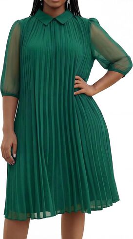 FANDEE Women's Elegant Pleated Midi Dress Peter Pan Collar Loose Fit Cocktail Party Casual Sundress in Saudi Arabia