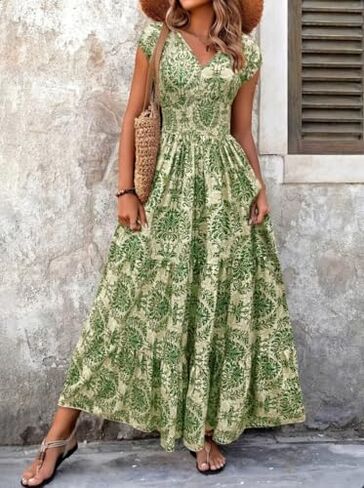 Retro Print Dress Fashion Elegant V-Neck Short-Sleeve Long Dress Women's Clothing in Kuwait