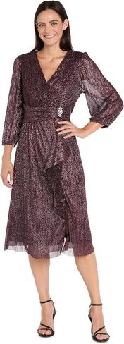 Elegant Crinkle Wrap Dress W/Balloon Sleeves, Side Rhinestone Brooch & Cascade Ruffle in Kuwait