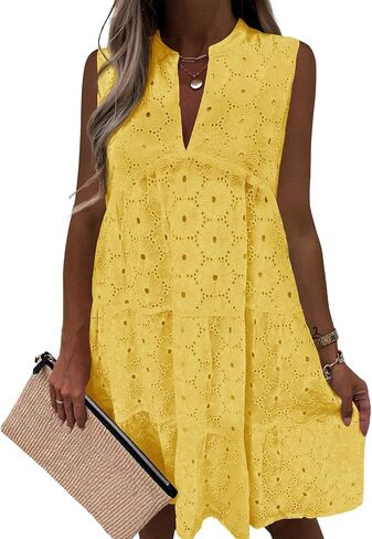 Wenrine Womens Summer Eyelet Dress Lace Sleeveless V Neck Mini Sundress Babydoll Hollow Out Swing Casual Beach Dresses in Kuwait