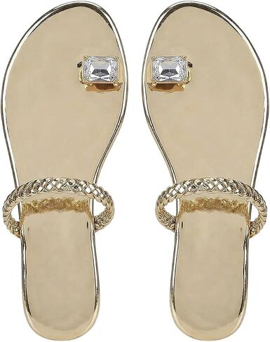 GORGLITTER Women's Gold Flat Sandals Rhinestone Sparkly Glitter Dressy Wedding Toe Ring Open Toe Slides Shoes in Kuwait