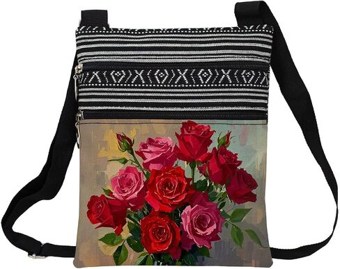 Rose Floral Messenger Bag Small Ethnic Pattern Printed Adjustable Strap Crossbody Zipper Pouch Oil Painting Of Flowers Phone Organizer Wallet Cute Shoulder Handbag For Women Friends in Saudi Arabia