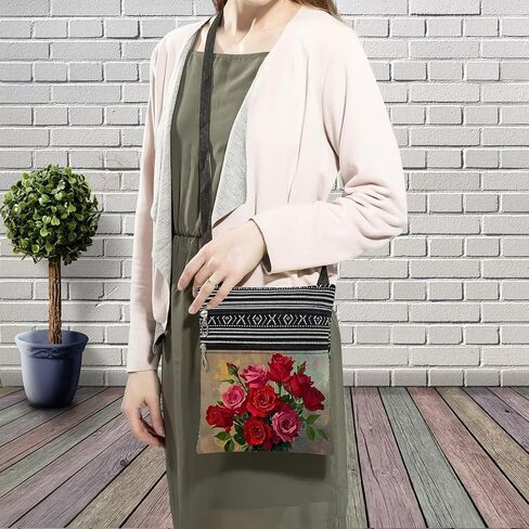 Rose Floral Messenger Bag Small Ethnic Pattern Printed Adjustable Strap Crossbody Zipper Pouch Oil Painting Of Flowers Phone Organizer Wallet Cute Shoulder Handbag For Women Friends in Saudi Arabia