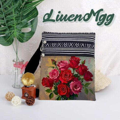 Rose Floral Messenger Bag Small Ethnic Pattern Printed Adjustable Strap Crossbody Zipper Pouch Oil Painting Of Flowers Phone Organizer Wallet Cute Shoulder Handbag For Women Friends in Saudi Arabia