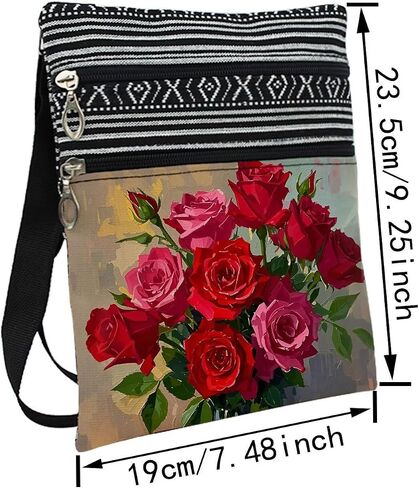 Rose Floral Messenger Bag Small Ethnic Pattern Printed Adjustable Strap Crossbody Zipper Pouch Oil Painting Of Flowers Phone Organizer Wallet Cute Shoulder Handbag For Women Friends in Saudi Arabia