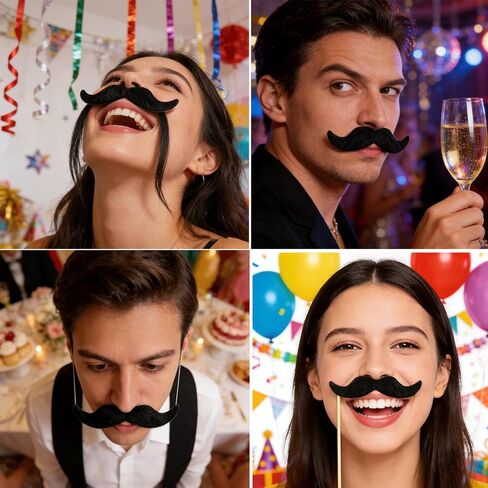 24PCS Black Self-Adhesive Fake Mustaches, Funny Fluffy Handlebar Mustache, Novelty Stick on False Facial Hair for Men Halloween Costumes Steampunk Party Cosplay Supplies in Saudi Arabia