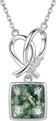 Natural Moss Agate and Genuine Diamond Necklace Minimalist Moss Agate Pendant Necklaces for Women Mother's Day Anniversary Birthday Christmas Jewelry Gifts in Saudi Arabia