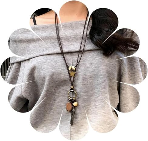 Vintage Long Boho Necklaces for Women Stacking Leather Cord Wooden Disc Pendant Necklaces Adjustable Trendy Necklace Jewelry in Saudi Arabia