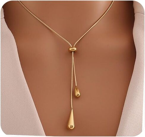 Dainty Gold Lariat Teardrop Pendant Necklace for Women Simple Adjustable Drop Y Necklaces Unique Waterdrop Choker Necklace Jewelry Accessories in Saudi Arabia