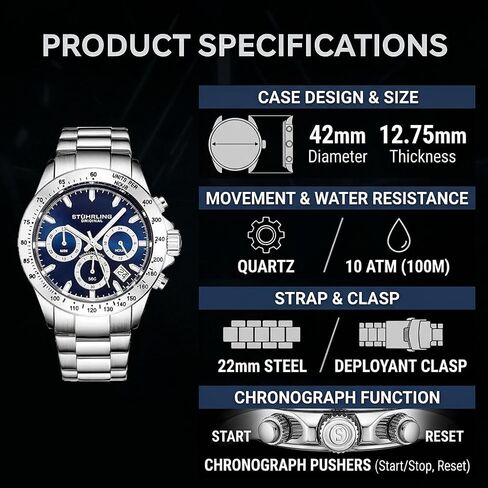 Stührling Original Men’s Chronograph Watch Stainless Steel Bracelet with Screw Down Crown and Water Resistant to 100 M. Analog Dial Quartz Movement in Kuwait
