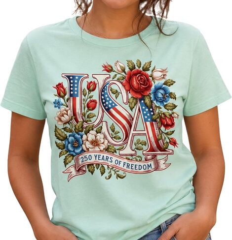 250th Anniversary USA Shirt for Women Patriotic Floral 1776 2026 Tee, America 250 Years United States Graphic T-Shirt (Design 2) Multi in Kuwait