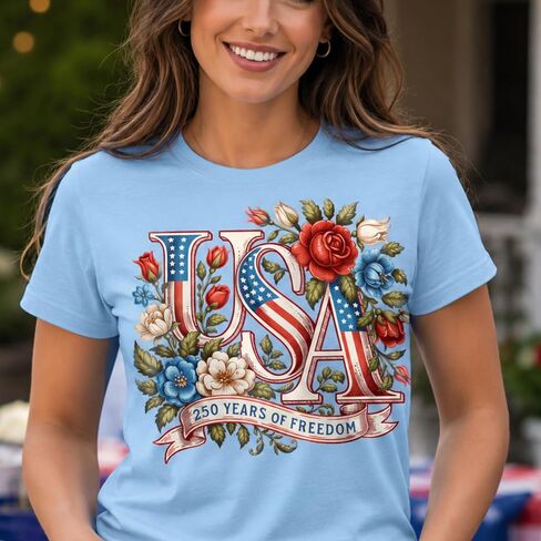 250th Anniversary USA Shirt for Women Patriotic Floral 1776 2026 Tee, America 250 Years United States Graphic T-Shirt (Design 2) Multi in Kuwait
