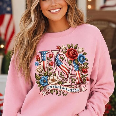 250th Anniversary USA Shirt for Women Patriotic Floral 1776 2026 Tee, America 250 Years United States Graphic T-Shirt (Design 2) Multi in Kuwait
