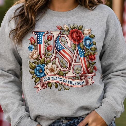250th Anniversary USA Shirt for Women Patriotic Floral 1776 2026 Tee, America 250 Years United States Graphic T-Shirt (Design 2) Multi in Kuwait