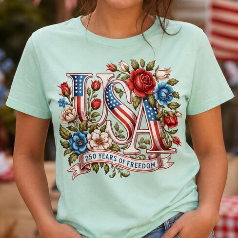 250th Anniversary USA Shirt for Women Patriotic Floral 1776 2026 Tee, America 250 Years United States Graphic T-Shirt (Design 2) Multi in Kuwait