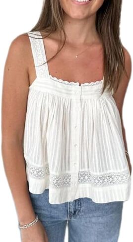Women Lace Eyelet Tank Top Square Neck Ruffle Peplum Cami Top Lace Trim Embroidery Sleeveless Tank Vest in Saudi Arabia