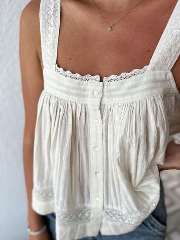 Women Lace Eyelet Tank Top Square Neck Ruffle Peplum Cami Top Lace Trim Embroidery Sleeveless Tank Vest in Saudi Arabia