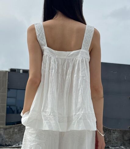 Women Lace Eyelet Tank Top Square Neck Ruffle Peplum Cami Top Lace Trim Embroidery Sleeveless Tank Vest in Saudi Arabia