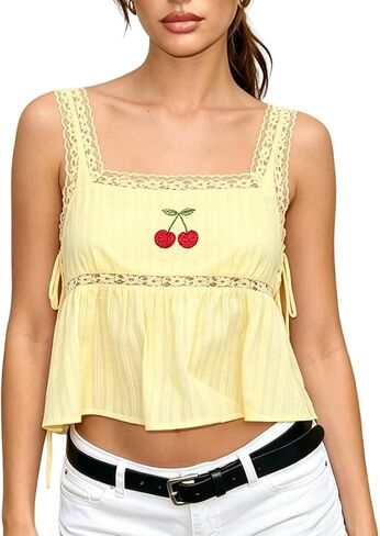 Women Lace Eyelet Tank Top Square Neck Ruffle Peplum Cami Top Lace Trim Embroidery Sleeveless Tank Vest in Saudi Arabia