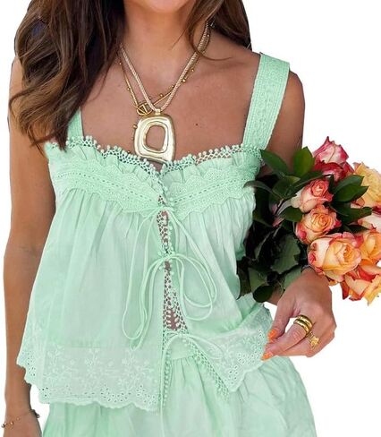Women Lace Eyelet Tank Top Square Neck Ruffle Peplum Cami Top Lace Trim Embroidery Sleeveless Tank Vest in Saudi Arabia