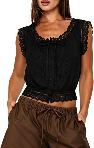 Women Lace Eyelet Tank Top Square Neck Ruffle Peplum Cami Top Lace Trim Embroidery Sleeveless Tank Vest in Saudi Arabia