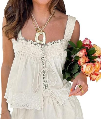 Women Lace Eyelet Tank Top Square Neck Ruffle Peplum Cami Top Lace Trim Embroidery Sleeveless Tank Vest in Saudi Arabia