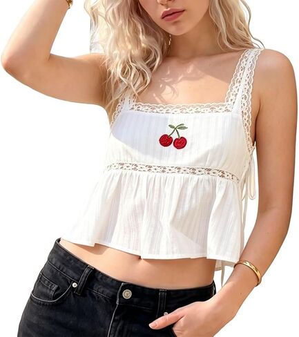 Women Lace Eyelet Tank Top Square Neck Ruffle Peplum Cami Top Lace Trim Embroidery Sleeveless Tank Vest in Saudi Arabia