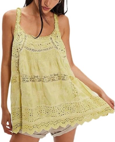 Women Lace Eyelet Tank Top Square Neck Ruffle Peplum Cami Top Lace Trim Embroidery Sleeveless Tank Vest in Saudi Arabia