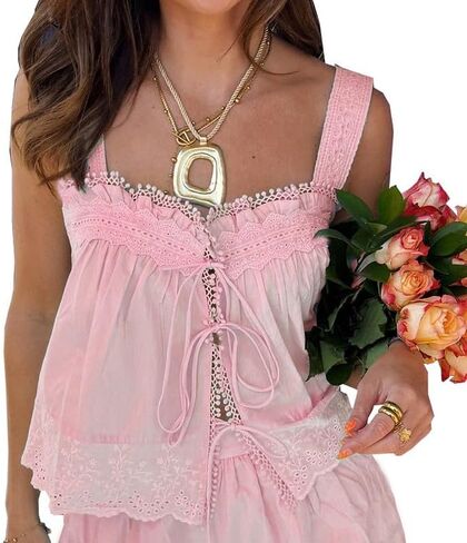 Women Lace Eyelet Tank Top Square Neck Ruffle Peplum Cami Top Lace Trim Embroidery Sleeveless Tank Vest in Saudi Arabia