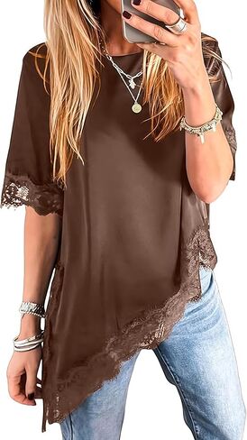 Pinclodly Asymmetrical Tops for Women Lace Patchwork Satin Top Crewneck Oversized Tee Shirts Side Slit Short Sleeve Y2K Tops in Saudi Arabia