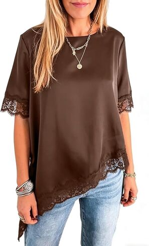 Pinclodly Asymmetrical Tops for Women Lace Patchwork Satin Top Crewneck Oversized Tee Shirts Side Slit Short Sleeve Y2K Tops in Saudi Arabia