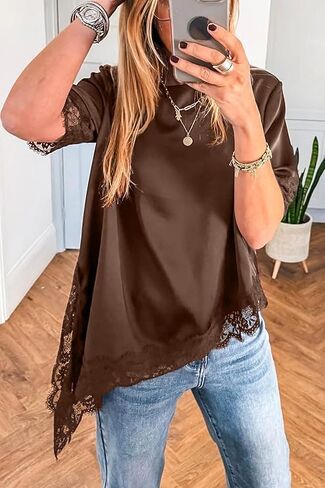 Pinclodly Asymmetrical Tops for Women Lace Patchwork Satin Top Crewneck Oversized Tee Shirts Side Slit Short Sleeve Y2K Tops in Saudi Arabia