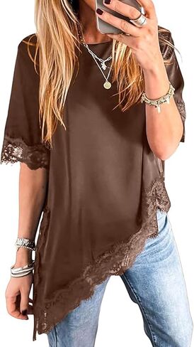 Pinclodly Asymmetrical Tops for Women Lace Patchwork Satin Top Crewneck Oversized Tee Shirts Side Slit Short Sleeve Y2K Tops in Saudi Arabia