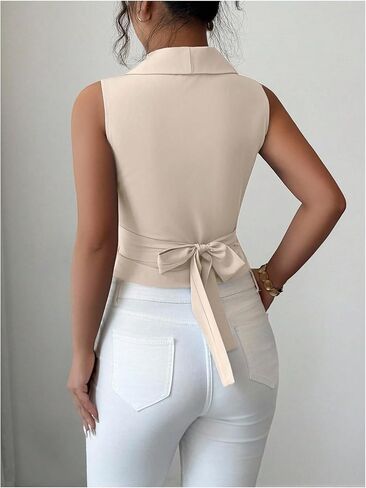 Milumia Women's Elegant Wrap V Neck Blouse Metal Bow Tie Back Cinched Waist Dressy Work Crop Tank Tops Solid Apricot Large in Kuwait