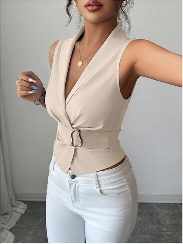 Milumia Women's Elegant Wrap V Neck Blouse Metal Bow Tie Back Cinched Waist Dressy Work Crop Tank Tops Solid Apricot Large in Kuwait