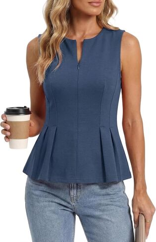 Simplee Womens Summer Peplum Tops Business Sleeveless Dressy Casual Zip Up Work Going Out Tank Vest Blouses Shirts in Saudi Arabia