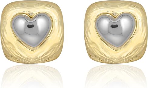 Two Tone Heart Stud Earrings for Women 14K Gold Plated Textured Square Post Earrings Hypoallergenic Silver Heart Jewelry Gift in Kuwait