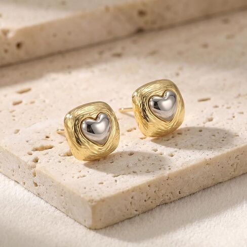 Two Tone Heart Stud Earrings for Women 14K Gold Plated Textured Square Post Earrings Hypoallergenic Silver Heart Jewelry Gift in Kuwait