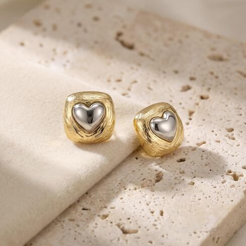 Two Tone Heart Stud Earrings for Women 14K Gold Plated Textured Square Post Earrings Hypoallergenic Silver Heart Jewelry Gift in Kuwait