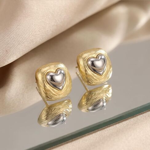Two Tone Heart Stud Earrings for Women 14K Gold Plated Textured Square Post Earrings Hypoallergenic Silver Heart Jewelry Gift in Kuwait