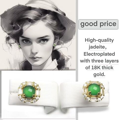 Square Jade Earrings Gold for Women, Certified Jadeite Studs 18K Gold Plated S925 Silver Hypoallergenic Earrings, Dainty Lucky Handcraft Gift for Birthday & Anniversary, Size about 0.28" in Saudi Arabia