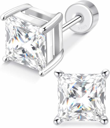 Flat Back Stud Earrings for Women, 18K White Gold Plated 925 Sterling Silver Zirconia Flatback Studs for Poke-Free Sleep, Hypoallergenic Jewelry Birthday Gift for Wife Girlfriend Mom Daughter in Saudi Arabia