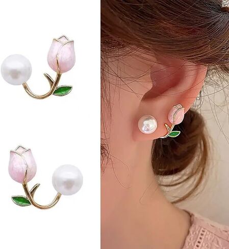 Fresh Pink Rose Stud Earrings with Imitation Pearl Fancy Accessories for Women in Kuwait
